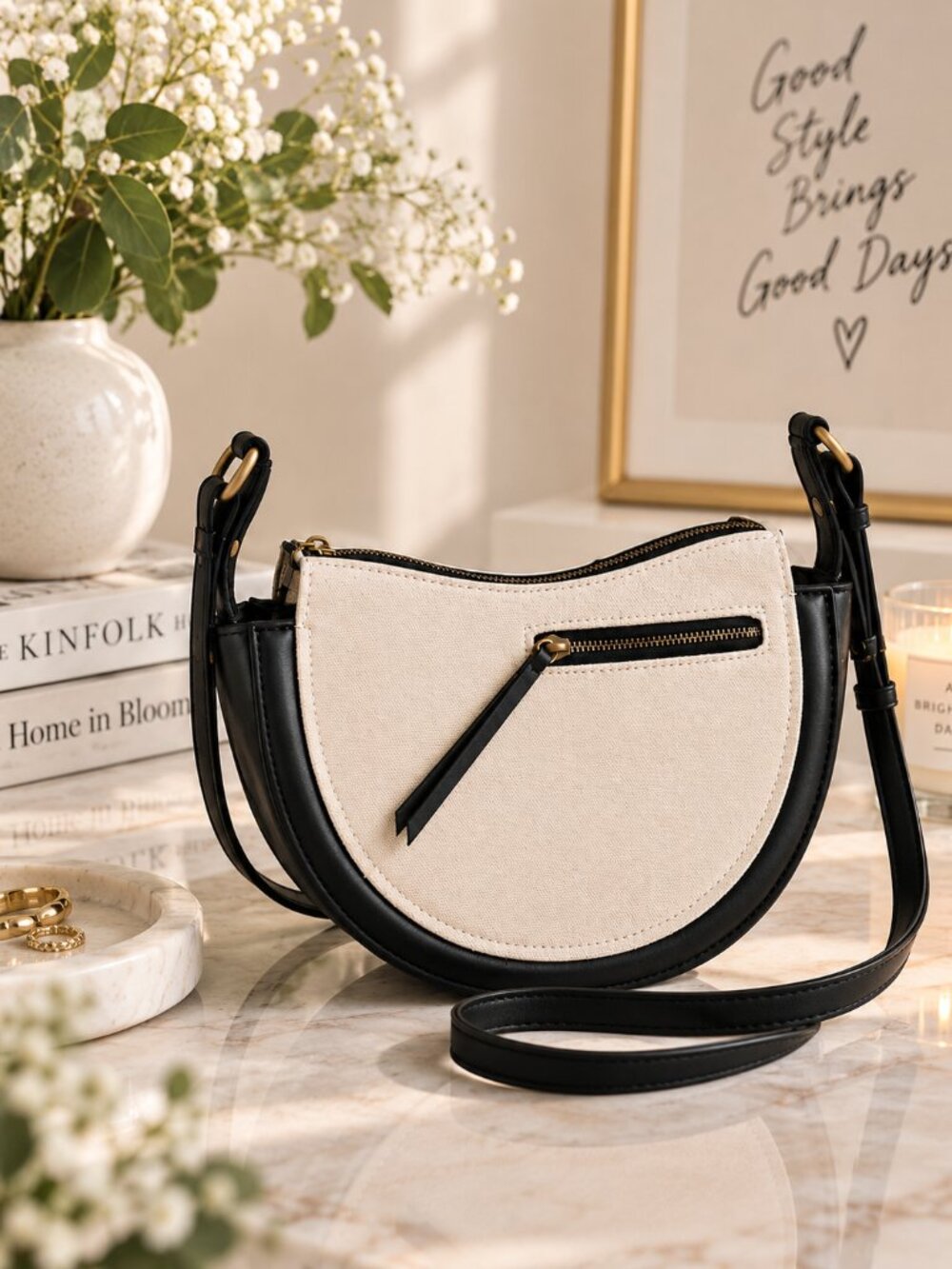 Zara Black Cream Canvas Half Moon Crescent Crossbody Bag